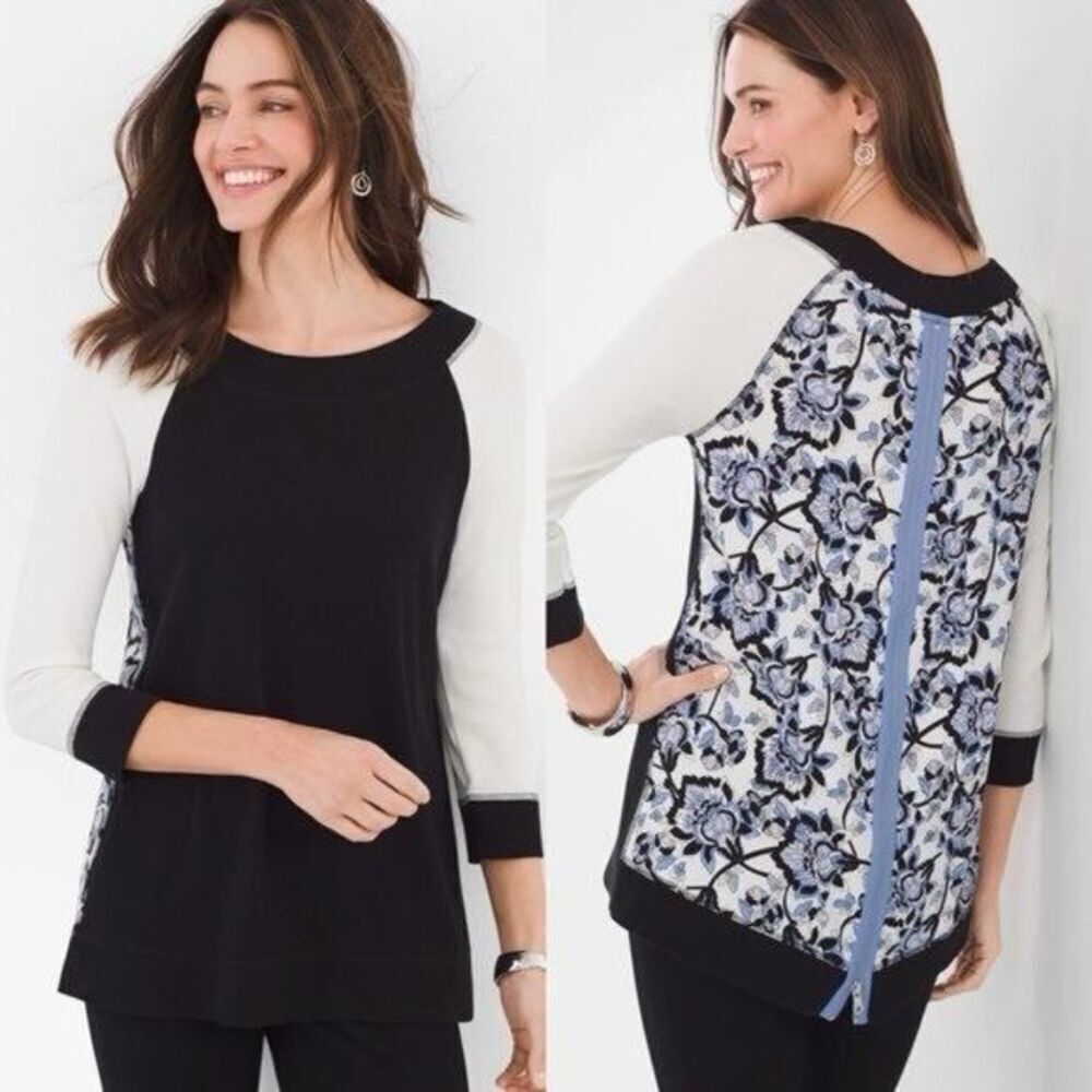 Chico’s Zenergy Floral Zip Back Ribbed Tunic Top Medium